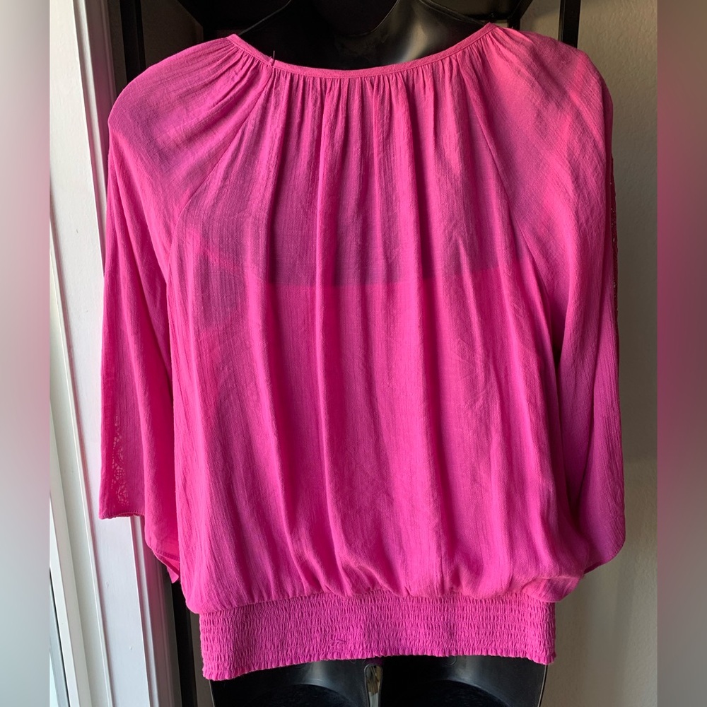 NWOT JM Collection Hot Pink Blouse with Lace Accents Round Neck Elastic Cuff Hem - Picture 2 of 14